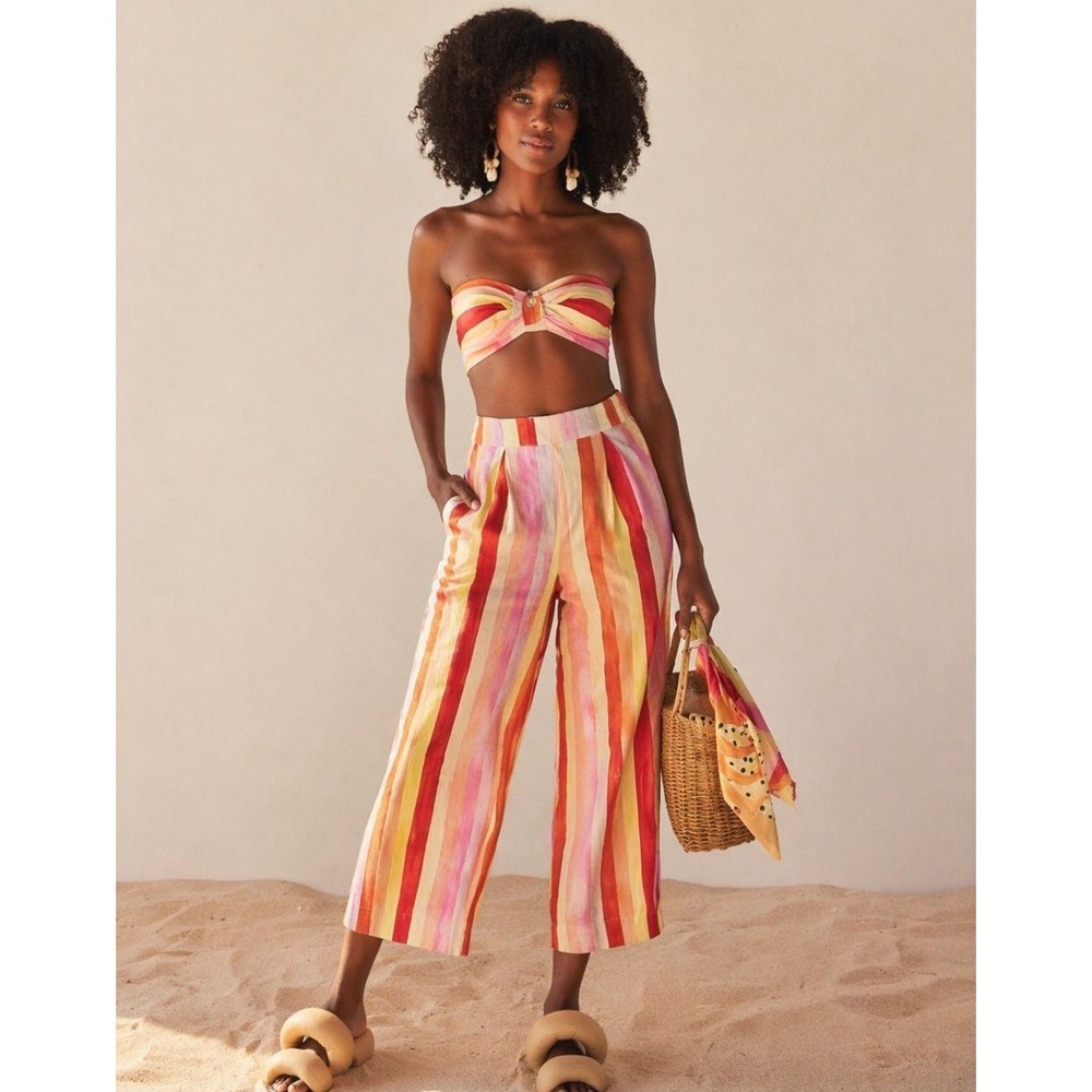 Farm Rio Sunny Striped Linen Pants Size L NWT Tropical Colorful Cropped Pants